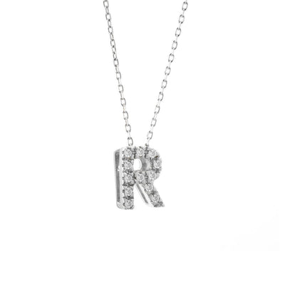 14K WHITE GOLD R INITAL DIAMOND NECKLACE