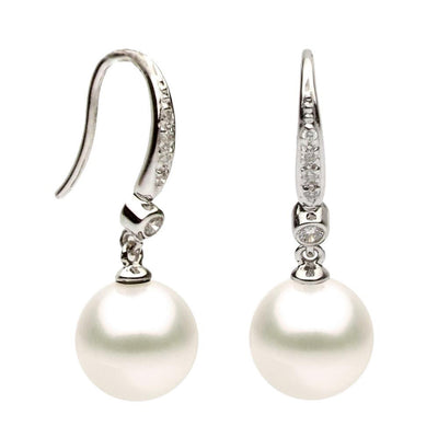 Diamond & Pearl Drop Earrings in 14K White Gold, 8-9MM
