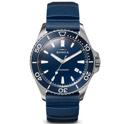 43MM Stainless Steel Lake MICHIGAN MONSTER Watch with Blue Dial and Midnight Blue Rubber Stap