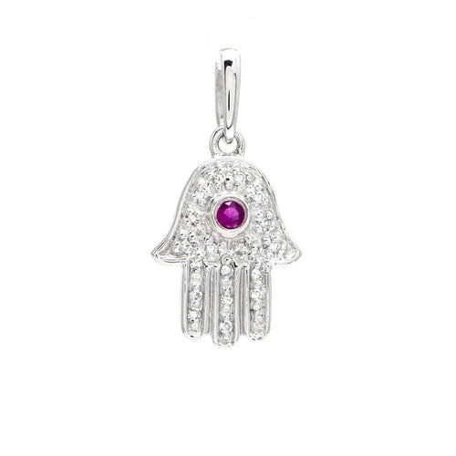 Ruby and Diamond Hamsa Pendant in 14K White Gold