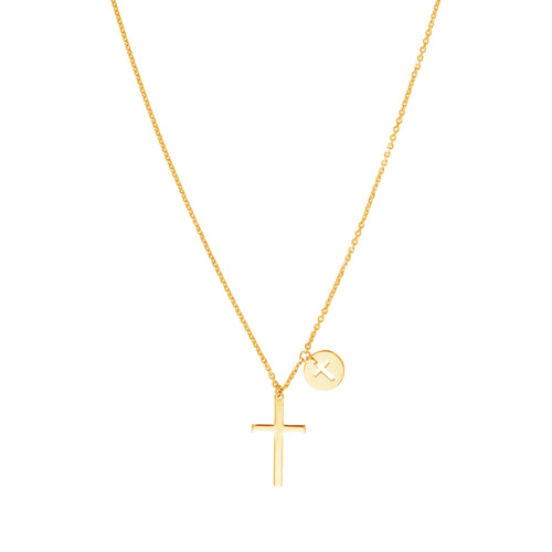 Cross and Mini Cross Cut-Out Disc Necklace in 14K Yellow Gold