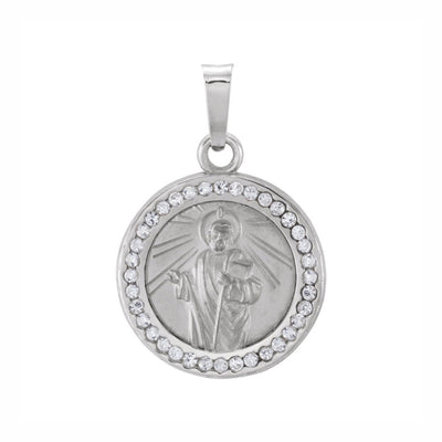 White Sapphire Medium St. Jude Charm Pendant in 14K White Gold