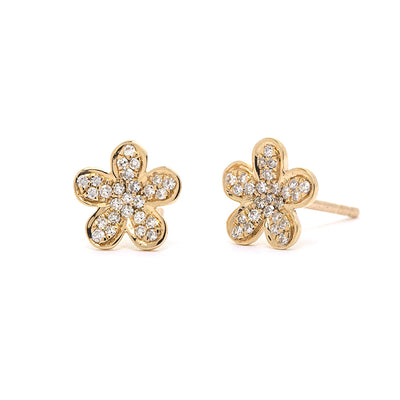 Pavé Diamond Flower Stud Earrings in 14K Yellow Gold