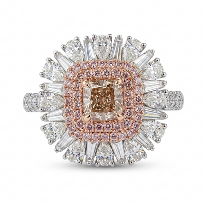 Diamond Halo with Pink Diamond Center Engagement Ring in 18K Two-Tone, 2.05cttw