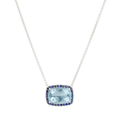 14K White Gold Aquamarine and Sapphire Pendant Necklace