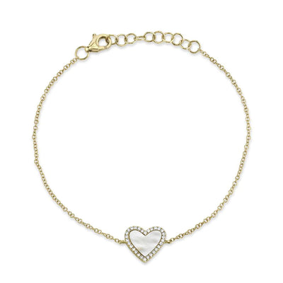 Mother of Pearl and Diamond Accent Halo Heart Bracelet in 14K Yellow Gold
