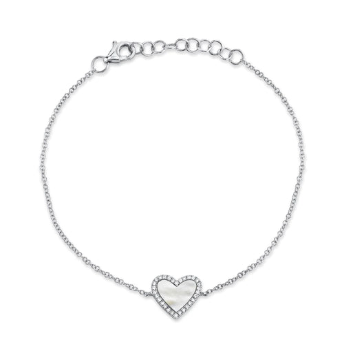 Mother of Pearl and Diamond Accent Halo Heart Bracelet in 14K White Gold