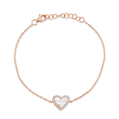 Mother of Pearl and Diamond Halo Accent Heart Bracelet in 14K Rose Gold