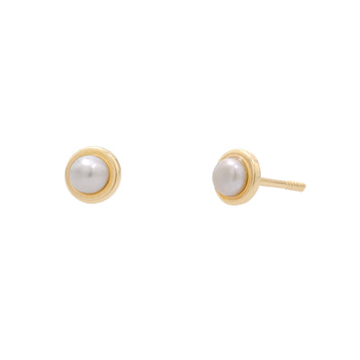 Bezel Set Cultured Pearl Stud Earrings in 14K Yellow Gold