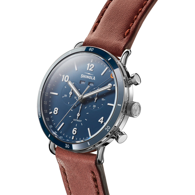 45MM Canfield Sport Chrono with Cognac Leather Strap and Midnight Blue