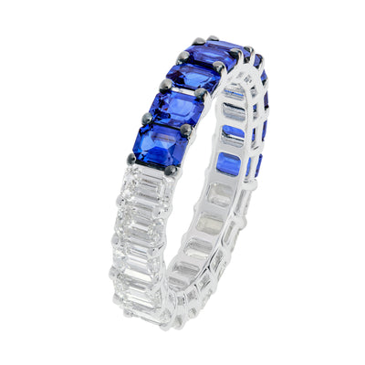 Diamond and Blue Sapphire Eternity Emerald Cut Ring in 18K White Gold