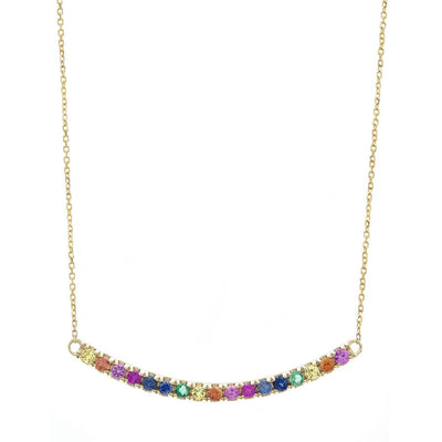 Rainbow Gemstone Curved Bar Necklace in 14K Yellow Gold, 0.74cttw