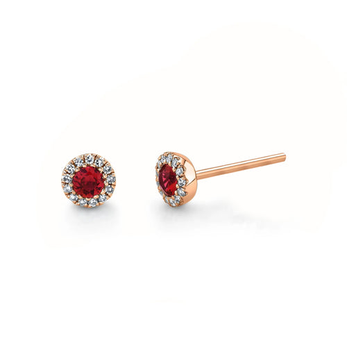 Ruby with Diamond Halo Stud Earrings in 14K Rose Gold