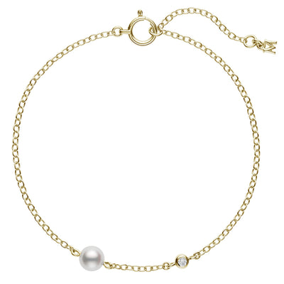 18K Yellow Gold Diamond and Pearl Station Bracelet