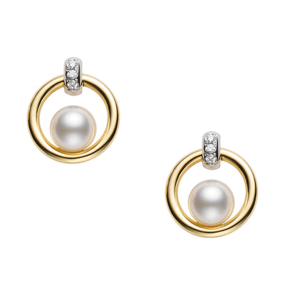18K White/Yellow Gold Diamond and Pearl Open Circle Earrings