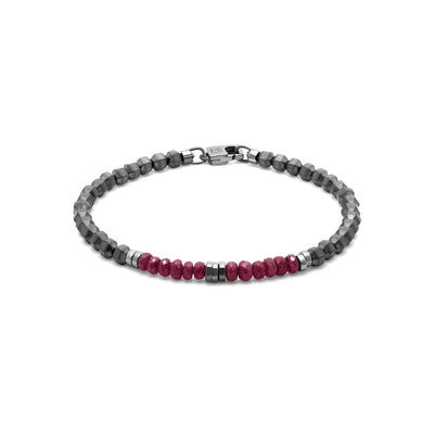 Tateossian Stainless Steel Icosahedron Ruby Hematite Beaded Bracelet