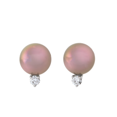 2 ROUND DIAMOND 2 10MM BLACK PEARL 18KW STUD EARRINGS