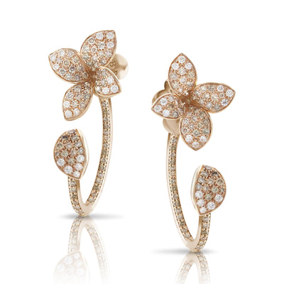 White Diamond Flower Drop Earrings in 18K Yellow Gold