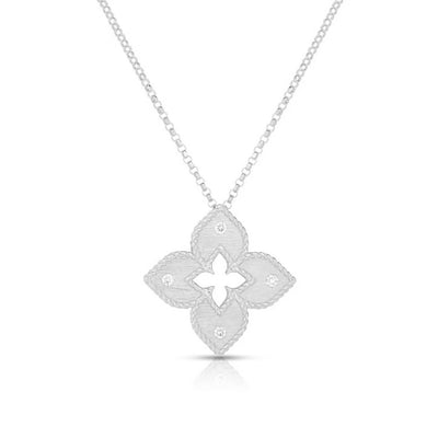 18K White Gold Petite Venetian Princess Satin & Diamond Flower Necklace