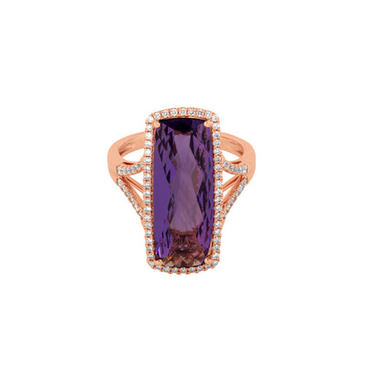 Diamond Halo Amethyst Ring in 14K Rose Gold, 7.96cttw