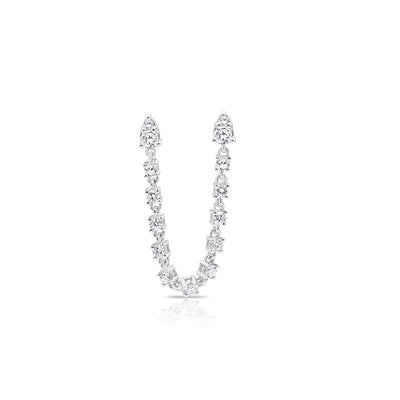 Double Stud Single Earring with Chain of 13 Round Diamonds in 14K Gold