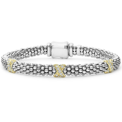 Silver and 18K Yellow Gold X Station Caviar Bracelet