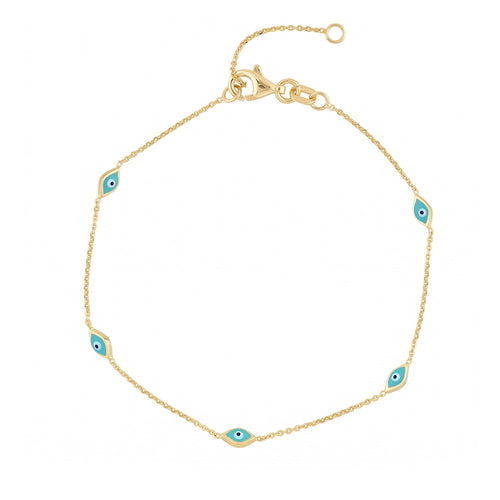 14K Yellow Gold and Blue Enamel Evil Eye Bracelet
