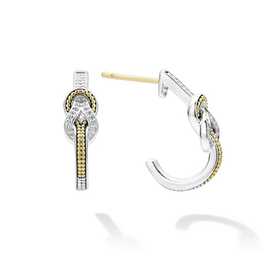 SILVER AND GOLD DIAMOND HALF HOOP KNOT EARRINGS