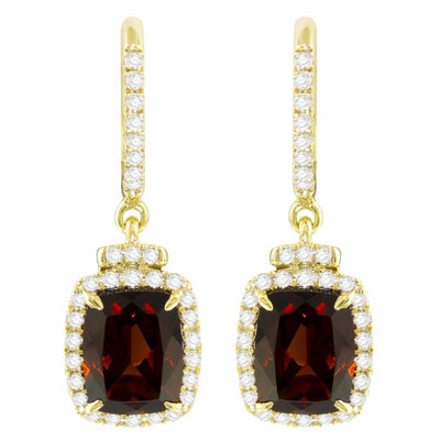 Diamond Halo Garnet Drop Earrings in 14K Yellow Gold, 3.77cttw