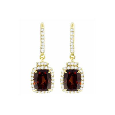 Diamond Halo Garnet Drop Earrings in 14K Yellow Gold, 3.77cttw