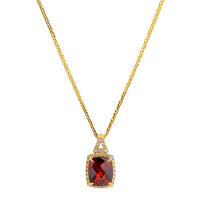 Cushion-Cut Garnet and Diamond Halo Necklace in 14K Yellow Gold