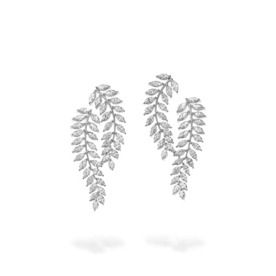 Diamond Leaf Drop Earrings in 14K White Gold
