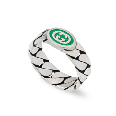 Gucci Green Enamel Interlocking G Ring in Sterling Silver