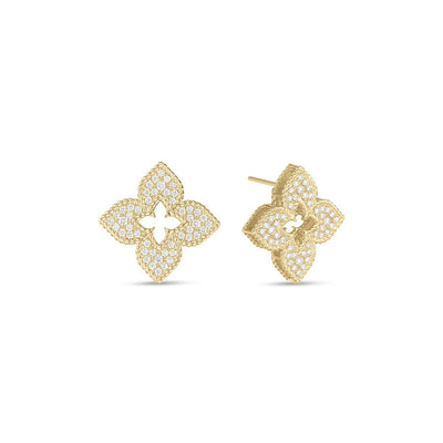 Venetian Princess Four Point Flower Pave Diamond Earrings in 18K Yellow Gold