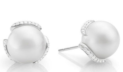 18K White Gold 11MM South Sea Pearl and Diamond Embrace Stud Earrings