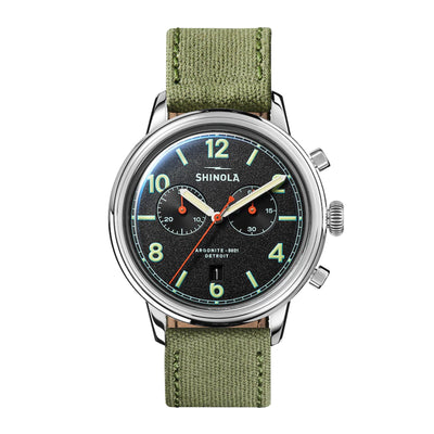 42MM Traveler Chrongraph with Black Dial and Military Green Canvas Strap