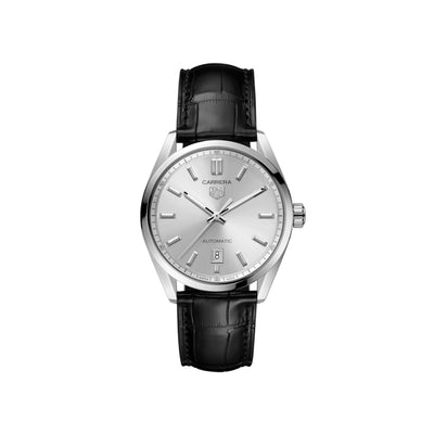 39MM Carrera Date with Silver Sunray Dial and Black Leather Strap