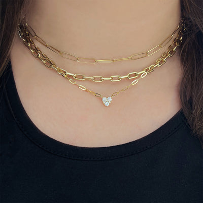 14K Yellow Gold Paperclip Chain Necklace with Mini Diamond Heart