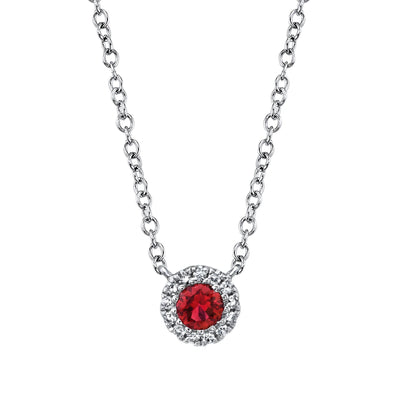 Round Ruby with Diamond Halo Necklace in 14K White Gold