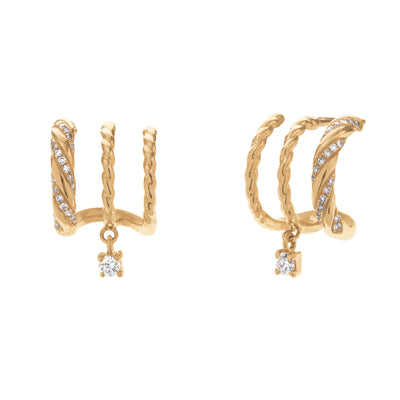 Triple Hoop Earrings with Drop Diamond in 14K Yellow Gold