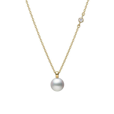 18K Yellow Gold Akoya 7MM Pearl Pendant Necklace with Bezel Set Diamond Accent