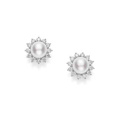 18K White Gold Diamond and Cultured Pearl  Earrings
