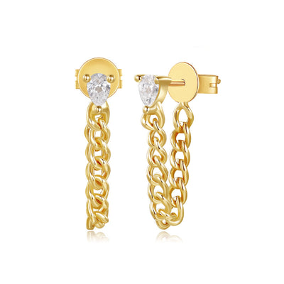 Diamond Studs with Chain Drop Earrings in 14K Yellow Gold