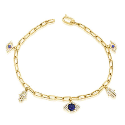 7" Hamsa and Evil Eye Sapphire and Diamond Charm Bracelet in 14K Yellow Gold