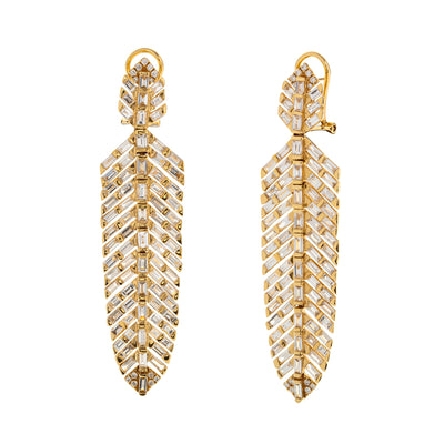 Feather Diamon Drop Earrings in 14K Yellow Gold