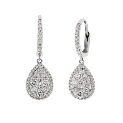 Oval Diamond Drop Hoop Earrings in 14K White Gold