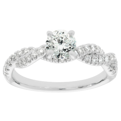 Pavé-Set Diamond Twist Round Center Engagement Ring in 14K White Gold, 1.02cttw