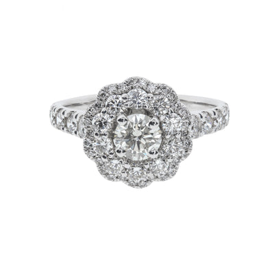Double Halo Pavé-Set Round Diamond Flower Engagement Ring in 14K White Gold, 1.62cttw