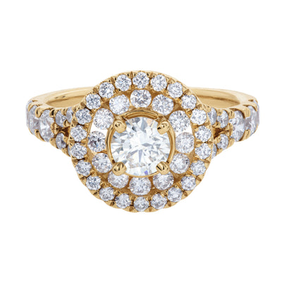 Double Diamond Halo Pavé-Set Round Center Engagement Ring in 14K Yellow Gold, 1.72cttw
