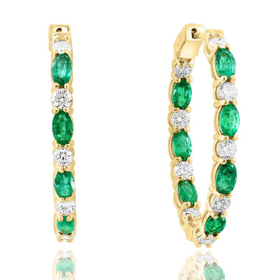 14K Yellow Gold Emerald and Diamond Hoop Earrings